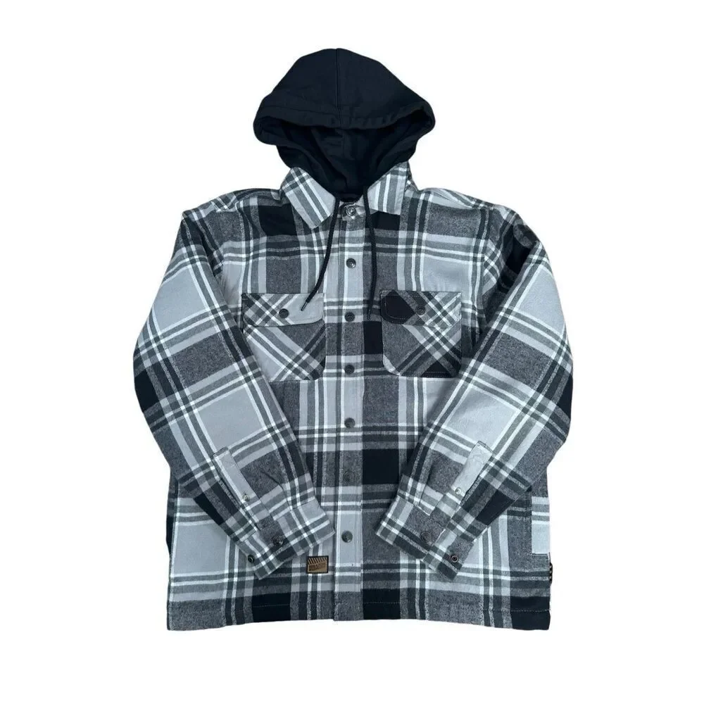 Brazos Men’s M Blacksmith Insulated Hooded Jacket Flannel Plaid Black/Gray Snaps